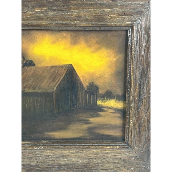 TEXAS ARTIST M. VERMILLION SIGNED OIL LANDSCAPE PAINTING-CABIN YELLOW SKY TREES - Picture 8 of 14